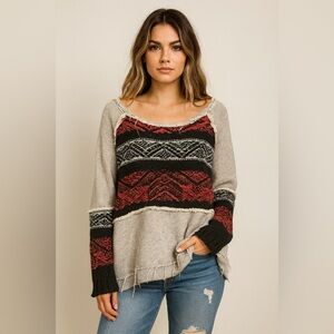 UO Free People Sweater M Southwest Aztec Gray Red Black Knit Cotton Angora‎